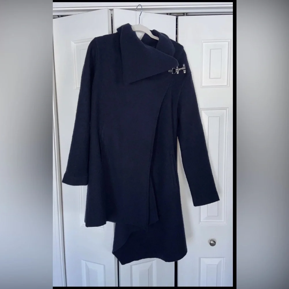 Garnet Hill Women’s Asymmetrical Boiled Wool Coat Navy Blue Relaxed Fit 10-Reg - Picture 1 of 7